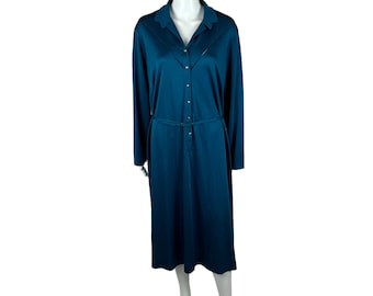 Vintage 80s Teal Shift Women's 2X Long Sleeve Volup Rhinestone Buttons Belted Dress