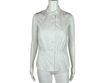 Vintage 1950s White Blouse Women's Extra Small Sleeveless Button Up Top