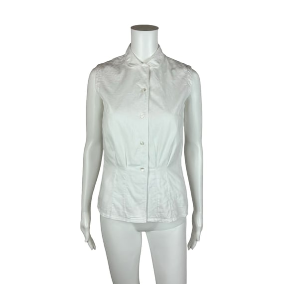 Vintage 1950s White Blouse Women's Extra Small Sleeveless Button Up Top
