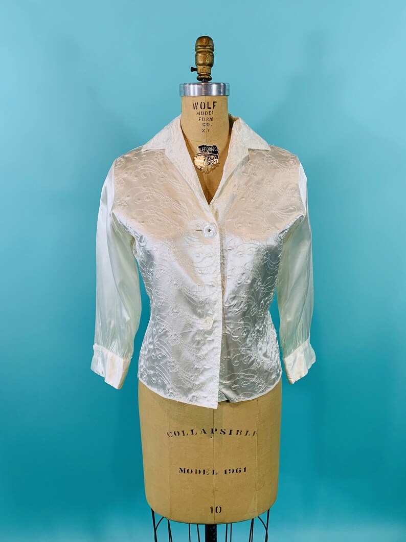 Vintage 1950s Satin Blouse White Embroidered Rhinestone Etsy