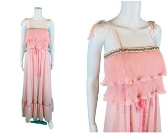 Vintage 1970s Maxi Dress Light Pink Accordion Pleat Flutter Bodice | W 24"+