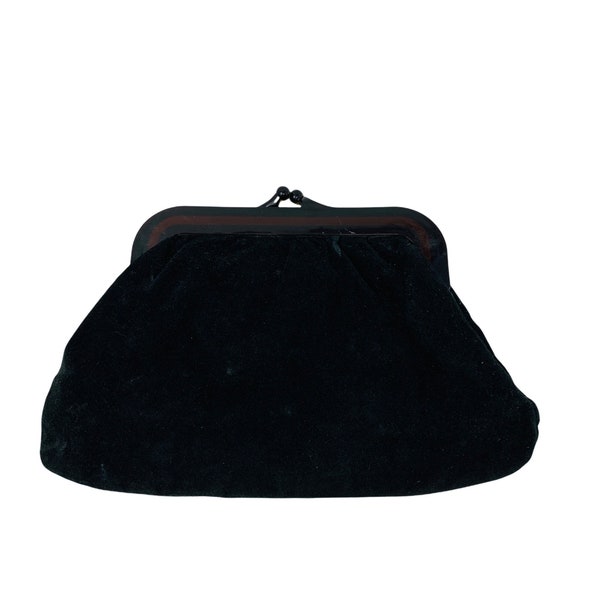 Vintage 1970s Black Suede Clutch Plastic Kisslock Abraham & Straus Handbag