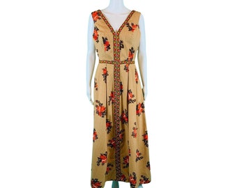 Vintage 1970s Maxi Dress Floral Rose Print V-neck Lanzillotti Boho | W 28"