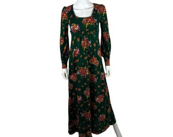 Vintage 70-tals blommig maxiklänning Dam XS Mörkgrön långärmad Hippie Boho