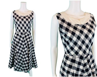 Vintage 1950s Gingham Black & White Cotton Dress | W 26"