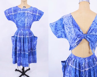 Vintage 80s Sundress | Blue Tie Back Cutout Cotton 1980s Dress | W 24"