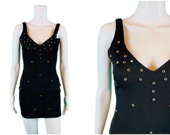 Vintage 1990s Rhinestone Mini Dress Stretch Black Backless Party | W 24"