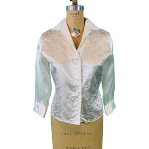 Vintage 1950s Satin Blouse White Embroidered Rhinestone Button Evening Top