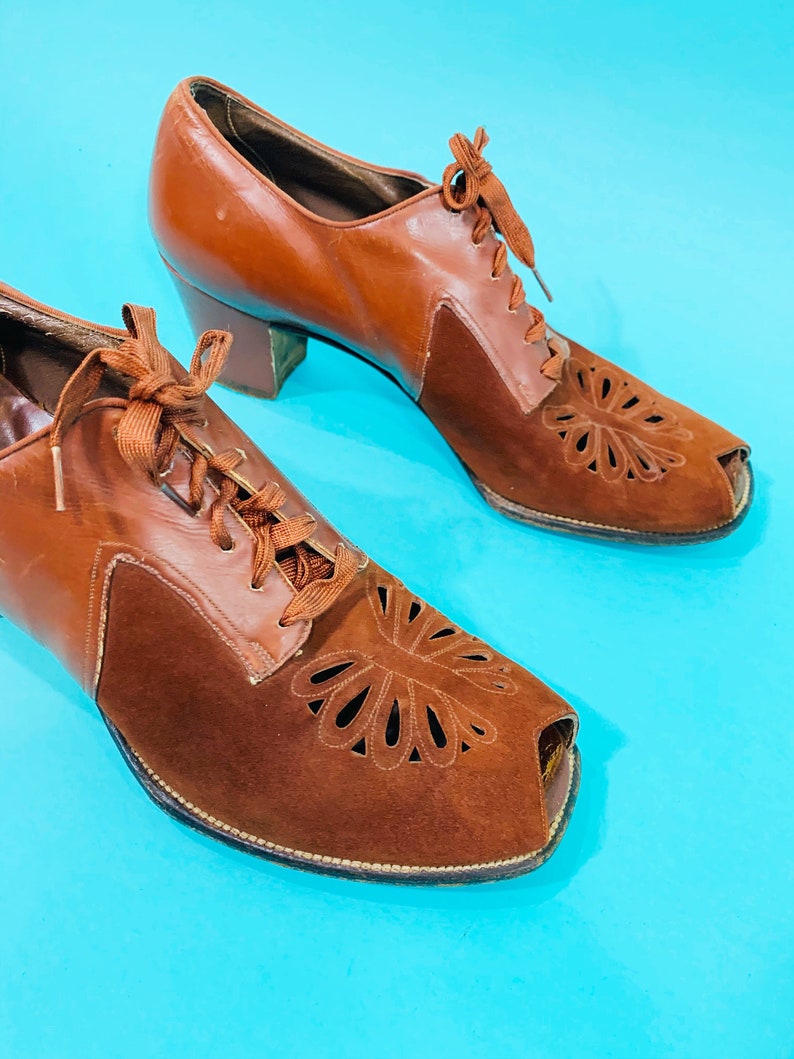 Easi-Gait Brown Lace Up Oxfords Vintage 1930s Rust Heels