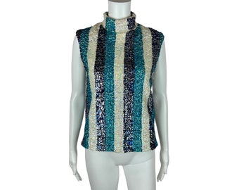 Vintage 60s Sequin Top Women's Small AS IS Striped Blue White Sleeveless Turtleneck Shell