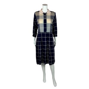 Vintage 80s Plaid Dress Women&#39;s Extra Small Blue Long Sleeve Shirtdress