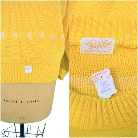 Vintage 1980s Yellow Sweater DEADSTOCK Novelty Ho… - image 3