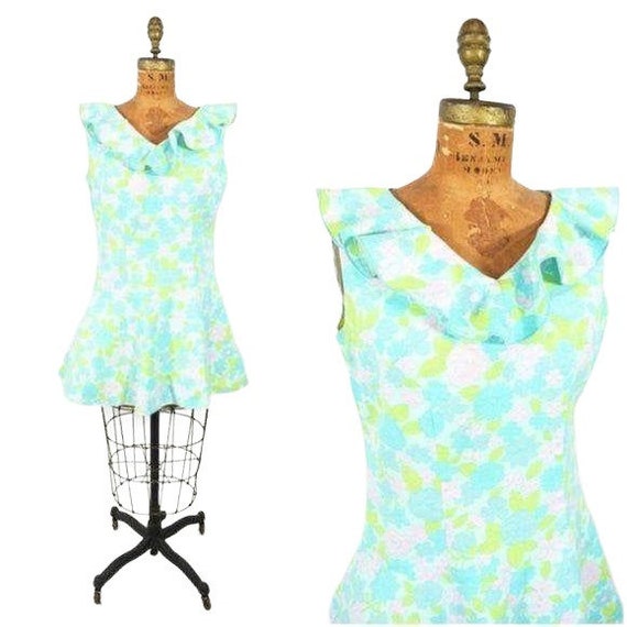 Vintage 1960s Aqua Mini Dress Ruffle Floral Babyd… - image 1