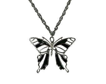 Vintage Articulated Butterfly Necklace Green Silver Pendant