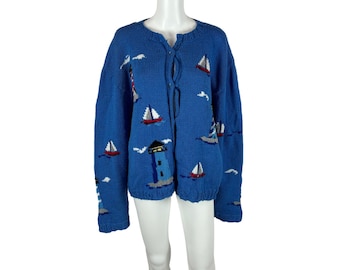 Cárdigan de faro vintage para mujer, 2X, azul, novedoso, náutico, suéter hecho a mano, Volup