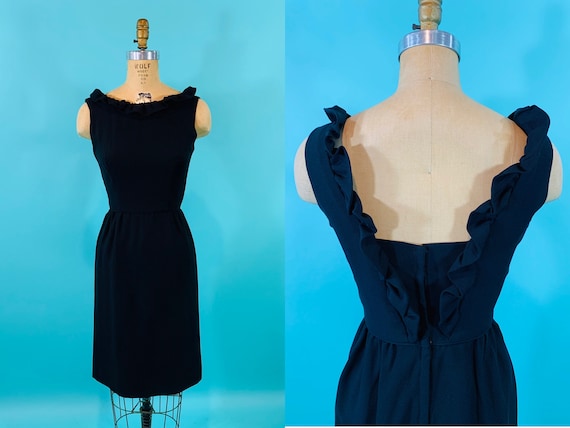 Vintage 1950s Black Dress | Little Black Ruffle Bo