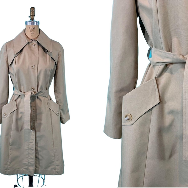 Vintage 1970s Khaki Large Collar Trench Coat Angled Pockets| B 41"