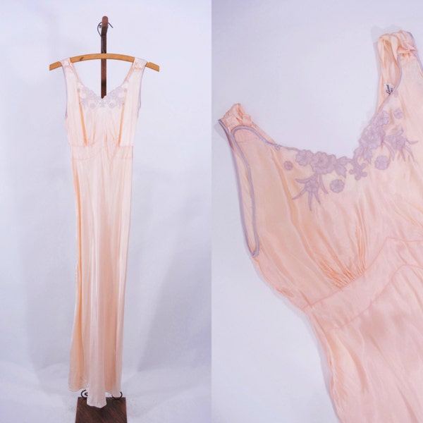 1940s nightgown | pink satin floral embroidered lingerie | vintage 40s nightgown | W 27"