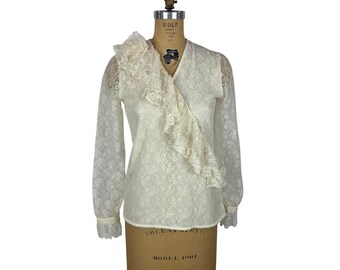 Vintage 80s Lace Blouse Womens Small Cream Surplice Ruffle Long Sleeve Shirt Rosette