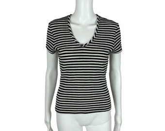 Vintage 90s Striped Top Women's Extra Small Black White Stripes Babydoll V-Neck Shirt