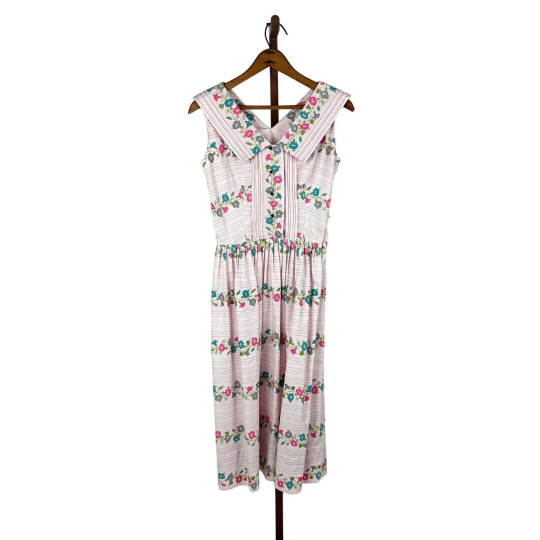 1950s Pink Stripe Flower Applique Dress | XS/S