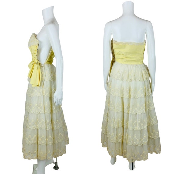 Vintage 1950s Prom Dress Pale Yellow Sash Embroid… - image 9