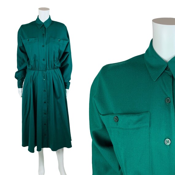 Vintage 1980s Emerald Green Shirtdress Dolman Sle… - image 1