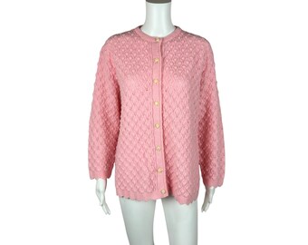 Vintage 60s Pink Cardigan Chunky Knit Acrylic Pointelle Sweater