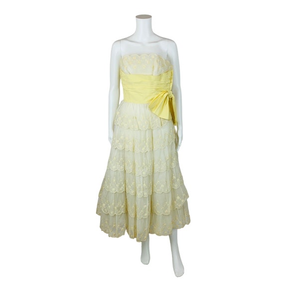 Vintage 1950s Prom Dress Pale Yellow Sash Embroid… - image 2