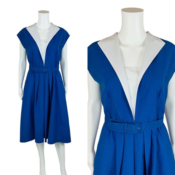 Vintage 1980s Royal Blue Belted Dress Fit & Flare White Yoke Collar | W 31"+