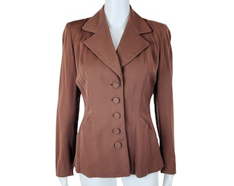 Vintage 1940s Suit Jacket Brown Wool Women&#39;s Fitted Waist Blazer Pockets W 30&quot;