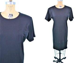 Vintage 1980er Jahre T-Shirt Kleid Kurzarm Brusttasche Schwarzes T-Shirt | B 92 cm