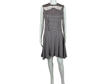 Vintage 60s Mod Dress Women's Medium Dark Purple Gingham Checkered Bow Mini