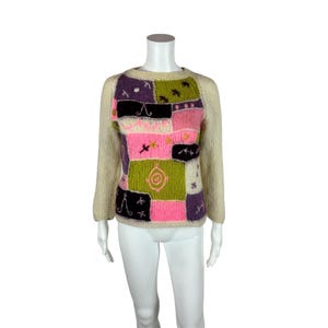 Vintage 60s Geometric Sweater Women's M Wool Mohair Pink Purple Zip Up Shoulder Italian Pullover