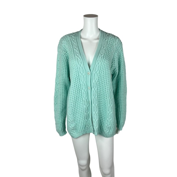 Vintage 80s Aqua Cardigan Oversized Waffle Knit Tunic Pullover Sweater