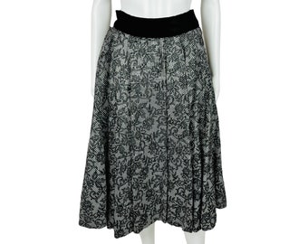 Vintage 50s Taffeta Full Skirt Black White Velour Flocked Floral Checkered Party W 25"+