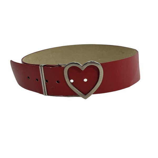 Vintage 1980s Heart Belt Women's XS Red Faux Leather Silver Buckle Valentine's