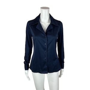 Vintage 70s Disco Blouse Women&#39;s Medium Dark Blue Shiny Going Out Top