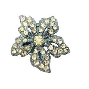 Vintage 1980s Silver Flower Brooch Rhinestone Floral Pin