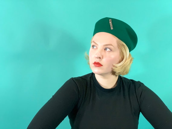 Vintage 1960s Green Pillbox | Rhinestone Detail Em