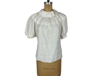 Vintage 80s Striped Top Womens Small Gold Metallic Ruffle Neckline Shirt