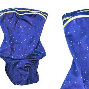 Vintage 90s Star Swimsuit Navy Gold Print Strapless High Cut One Piece Celestial image 2