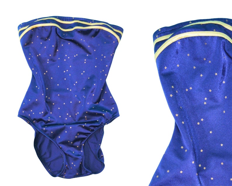 Vintage 90s Star Swimsuit Navy Gold Print Strapless High Cut One Piece Celestial image 2