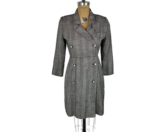 Vintage 80s Tweed Dress Womens Small Black White Button Up Business Mini