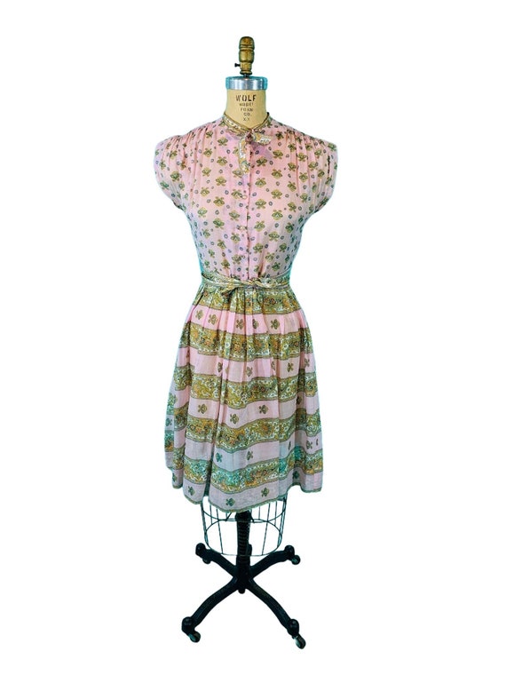 Vintage 1950s Pink Paisley Dress Pink Printed She… - image 2