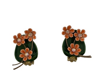 Vintage 1950s Coral Flowers Earrings Green Leaf Holographic Rhinestones Clip Ons