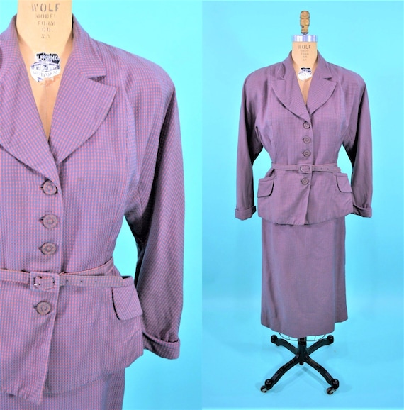 Vintage 1940s Pink Suit | Gray Checkered Fitted Wo