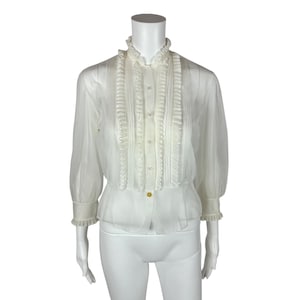 Vintage 50s Sheer Blouse Women&#39;s Large Ruffle White Nylon Rhinestone Buttons Top