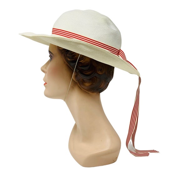 Vintage 1950s White Sun Hat Red Striped Ribbon Ch… - image 1