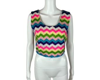 Vintage 60s Rainbow Top Women's Extra Small Cropped Chevron Striped Embroidered Sleeveless Shirt